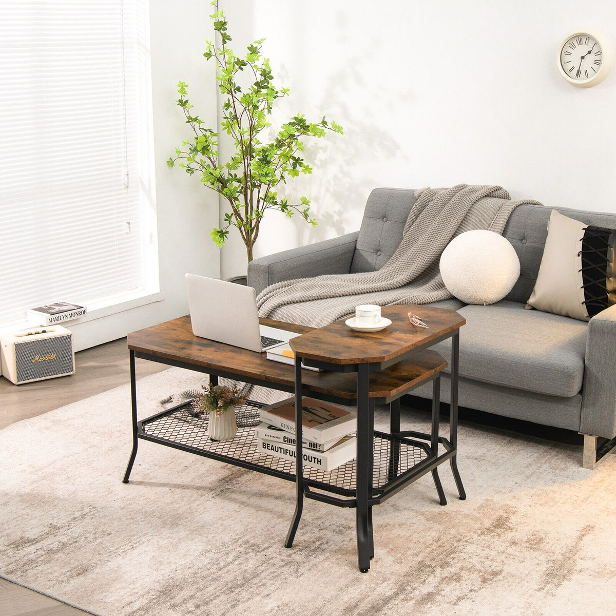 Narrow End Table Rustic Brown - Wood Grain Steel Frame