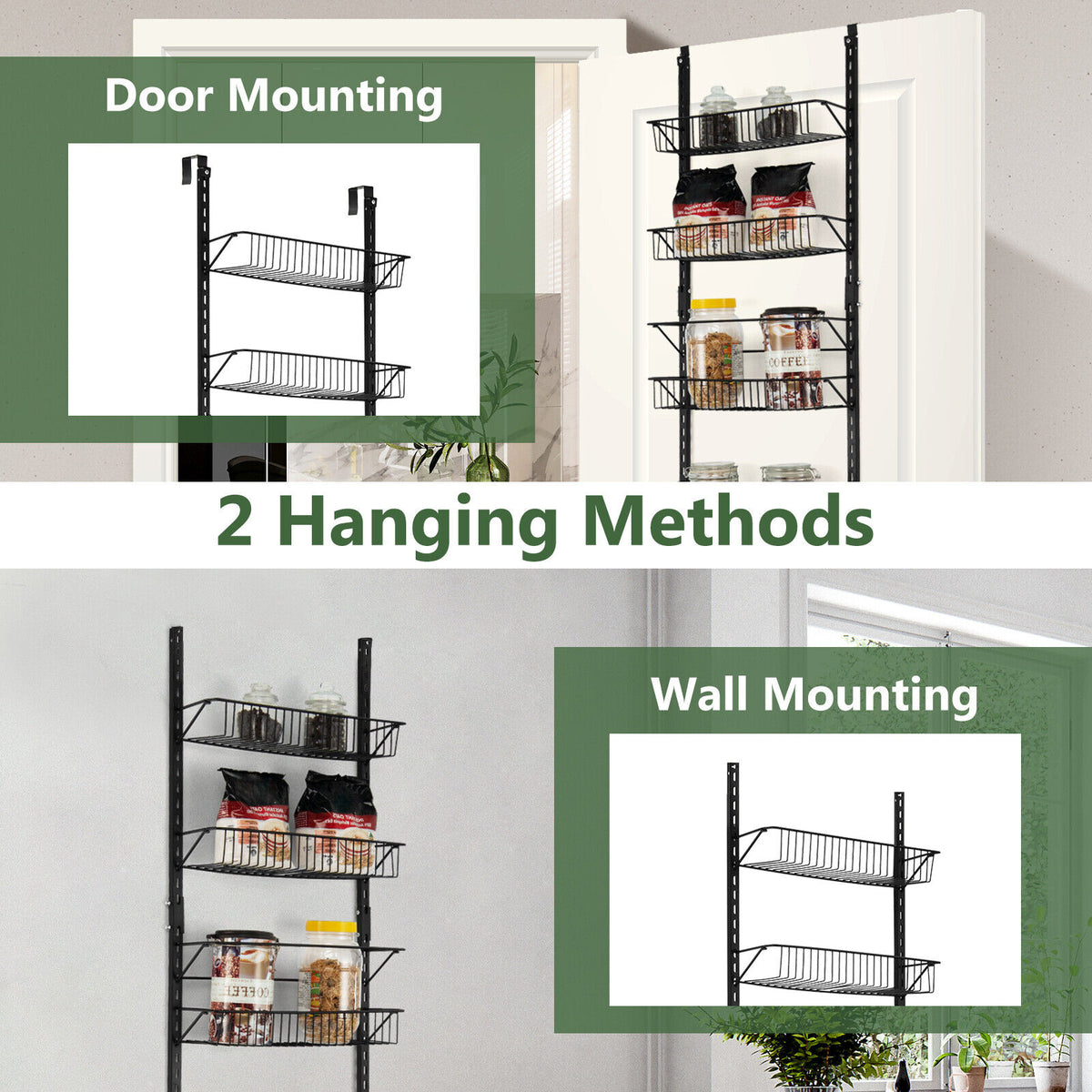 Over the Door Pantry Organizer Rack with Adjustable Hooks and 6 Baskets - Kitchen & Storage