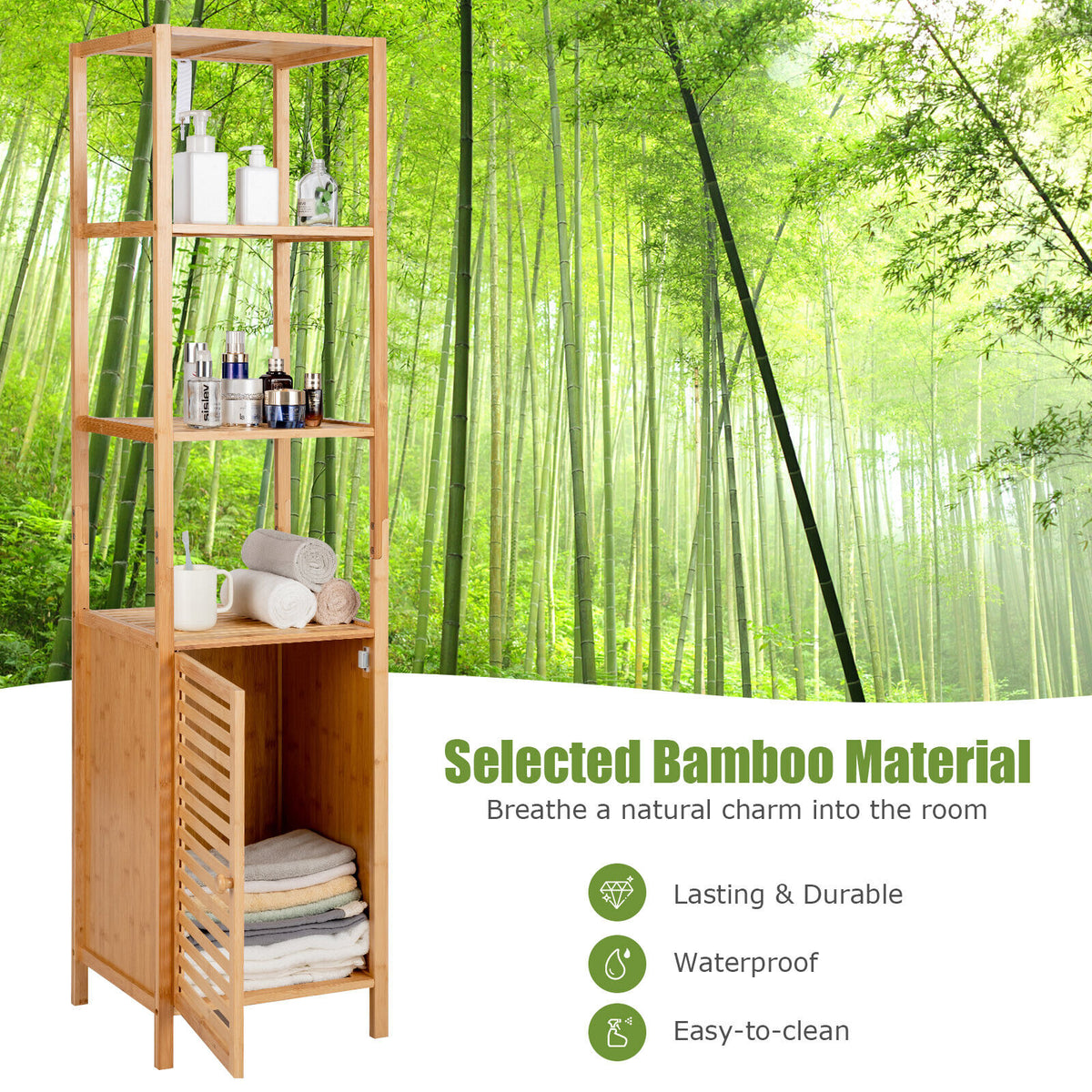 4 Tiers Slim Bamboo Floor Storage Cabinet with Shutter Door and