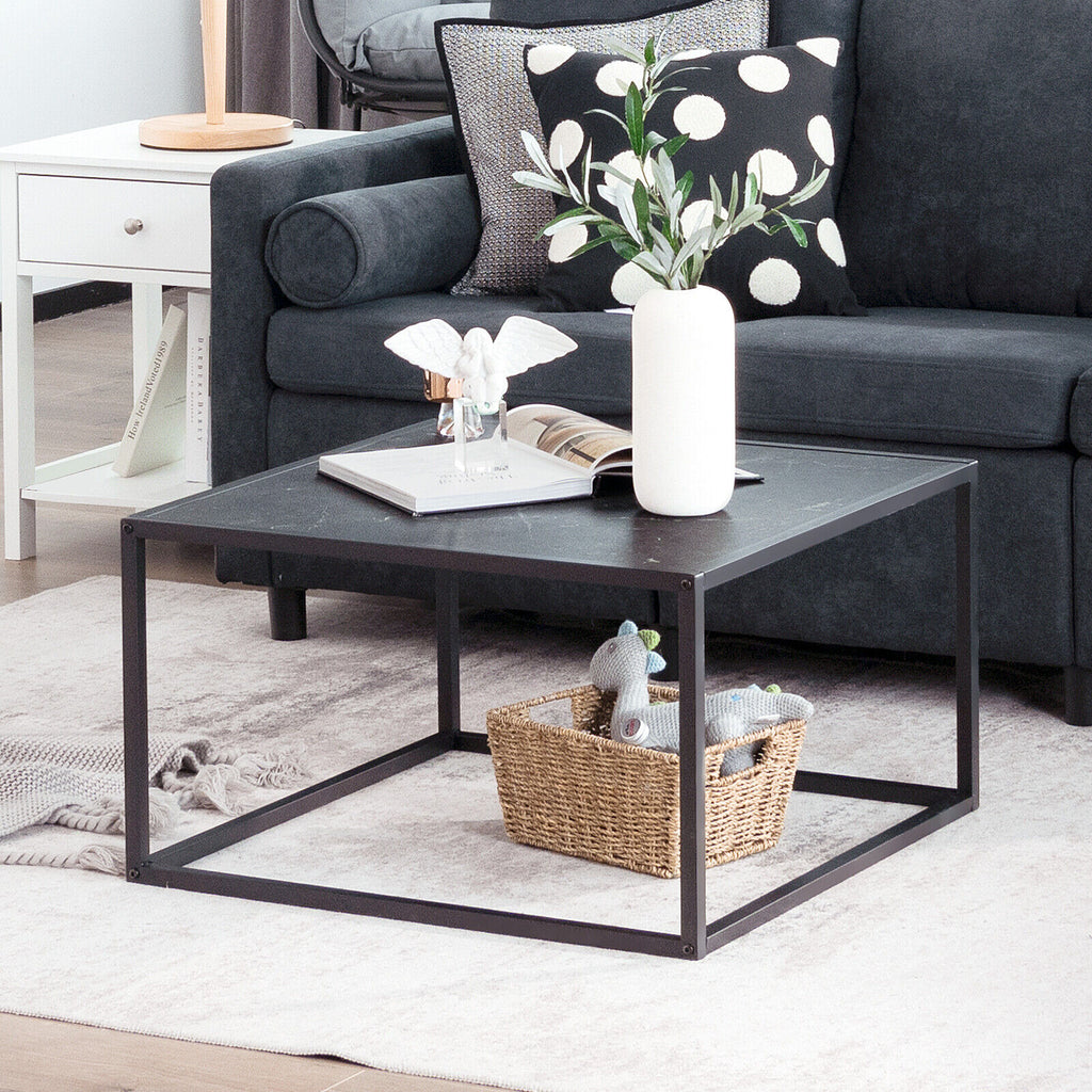 Modern Square Coffee Table with Faux Marble Tabletop - White