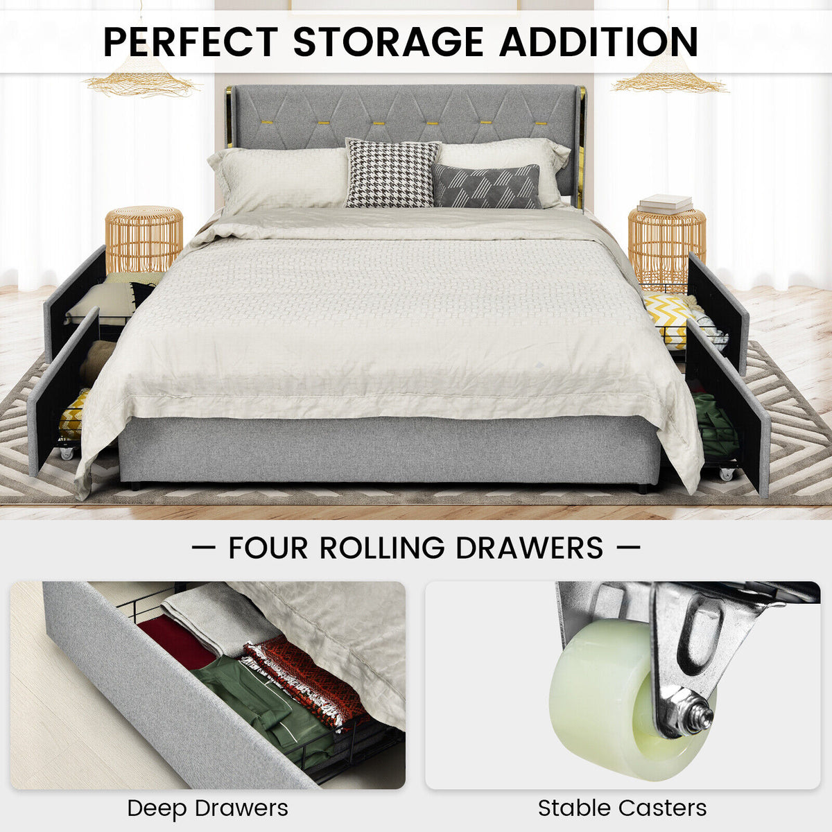 Full Size Upholstered Bed Frame with High Headboard & Storage Drawers - Silver