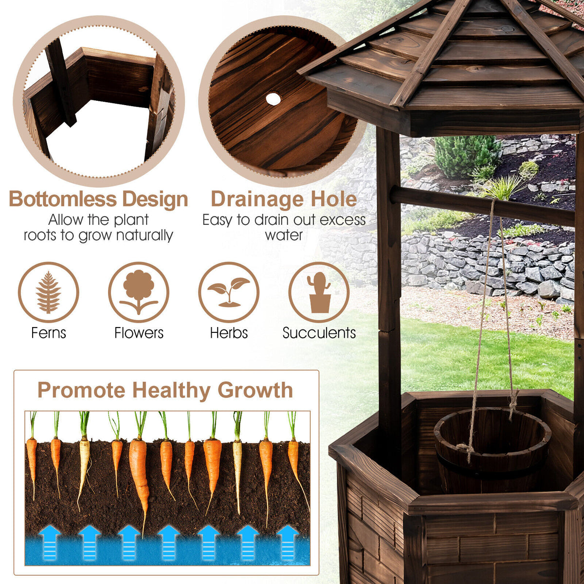 Rustic Wooden Wishing Well with Adjustable Bucket - Brown