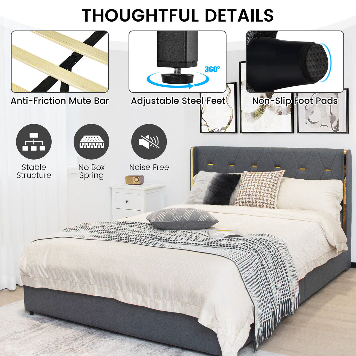 Full Size Upholstered Platform Bed with 4 Storage Drawers - Dark Gray
