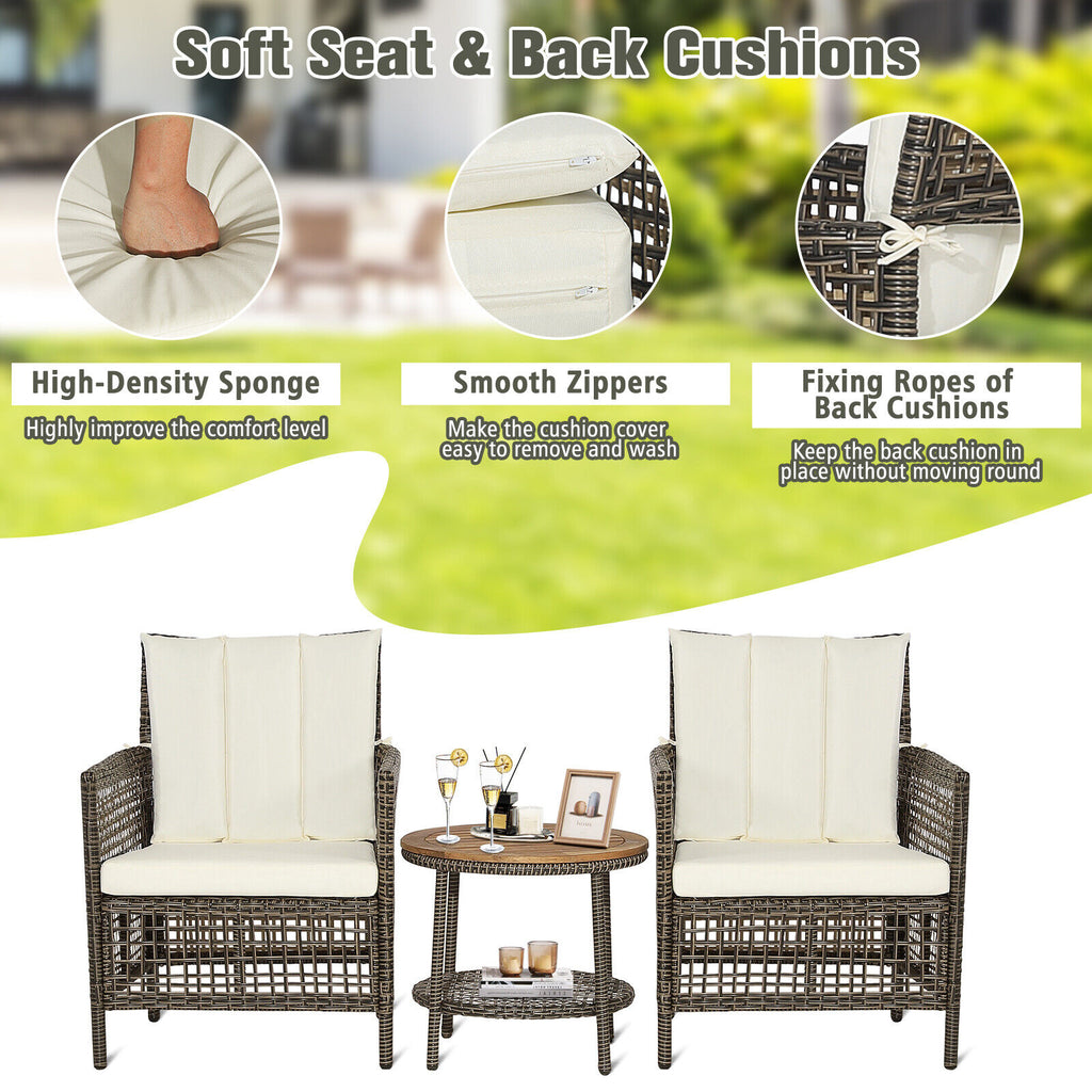 3 Pieces Patio Rattan Furniture Set with Cushioned Sofas and Wood