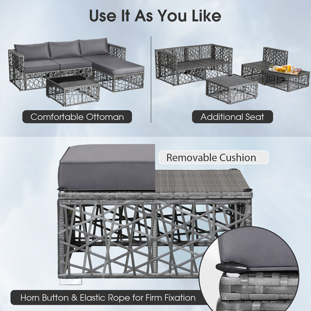 5-Piece PE Rattan Patio Sectional Sofa Set - Gray