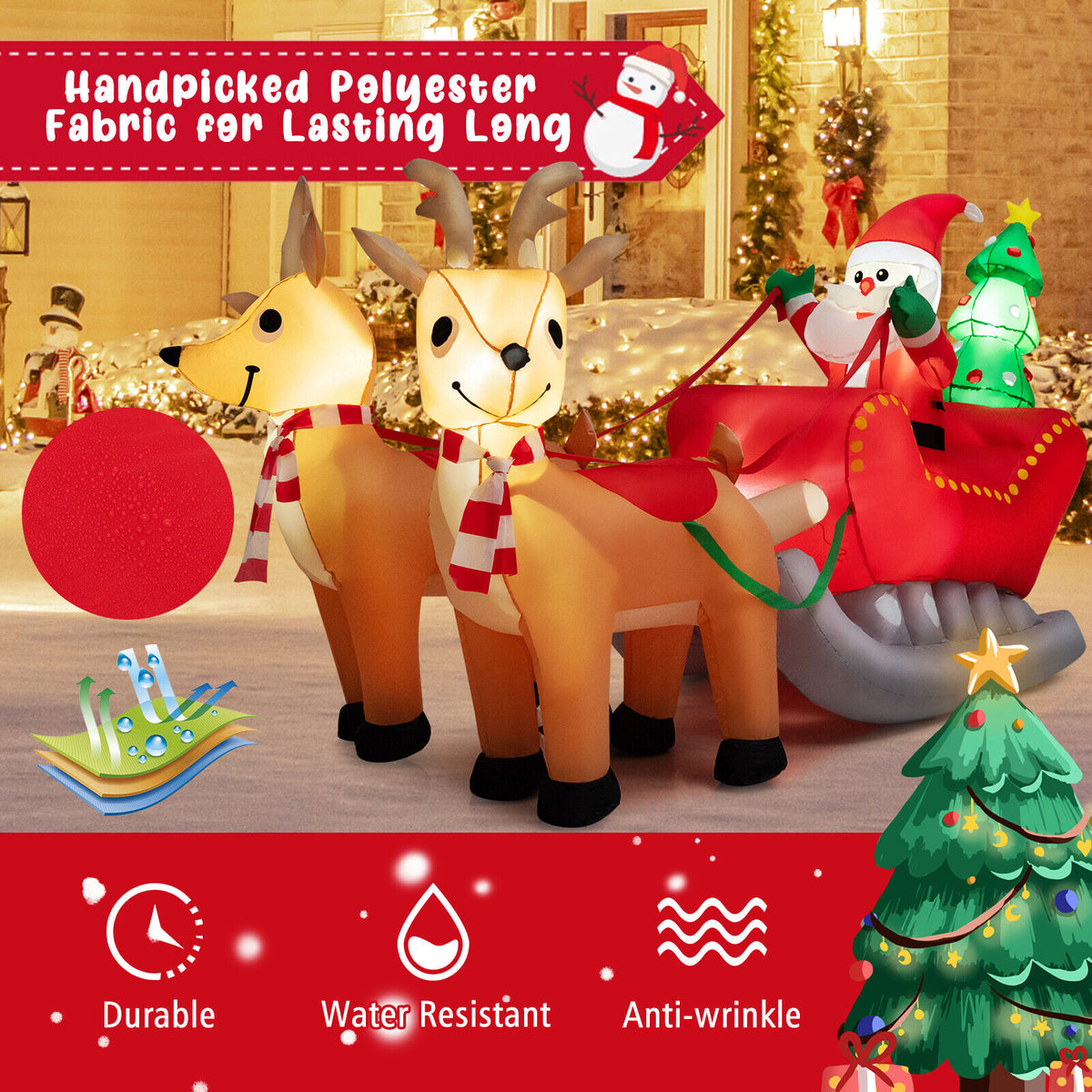 Inflatable Santa on Reindeer Sleigh with LED Lights - 7.2 Feet Christmas Yard Decor - Reindeer Pulling Style