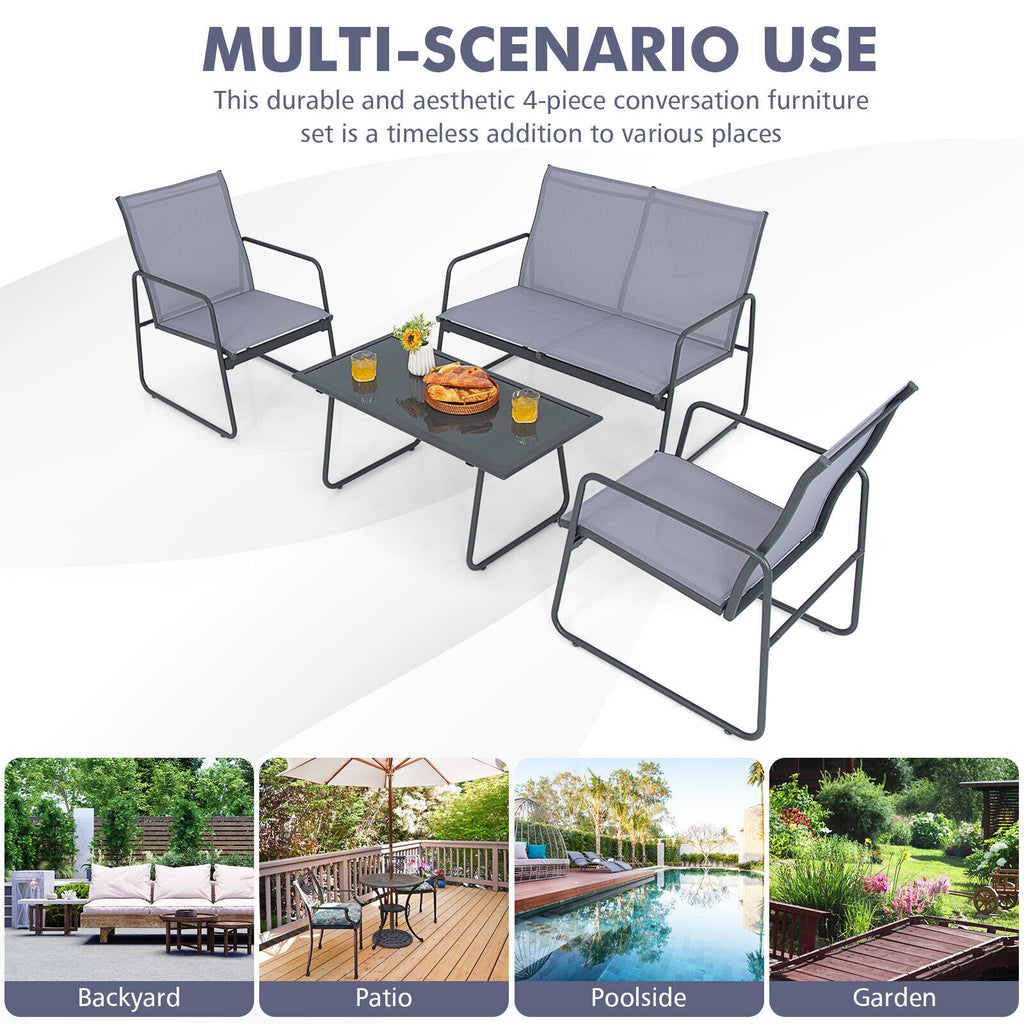 4 Pieces of Metal Patio Furniture Chat Set with Tempered Glass Coffee