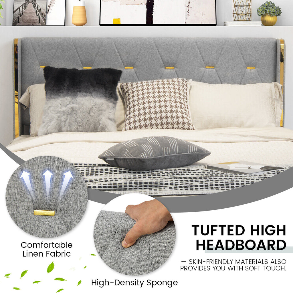 Upholstered Platform Bed Frame with High Headboard & 4 Drawers - Silver, Full