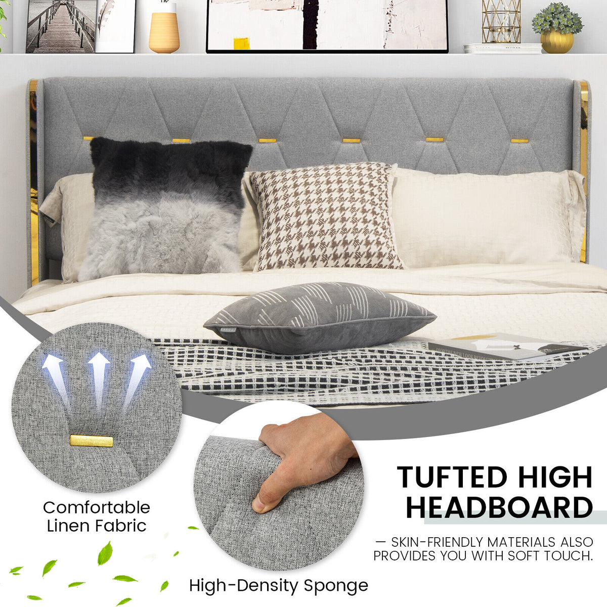 Upholstered Platform Bed Frame with High Headboard & 4 Drawers - Silver, Full