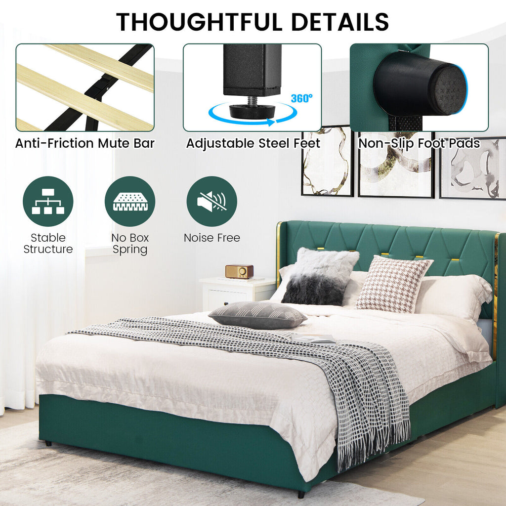 PU Leather Platform Bed Frame with 4 Drawers - Full, Green