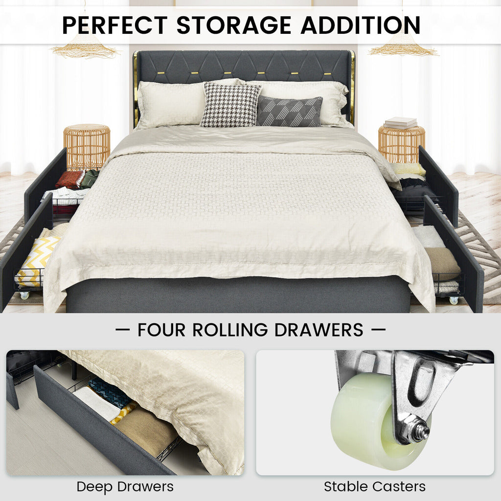 Full Size Upholstered Platform Bed with 4 Storage Drawers - Dark Gray