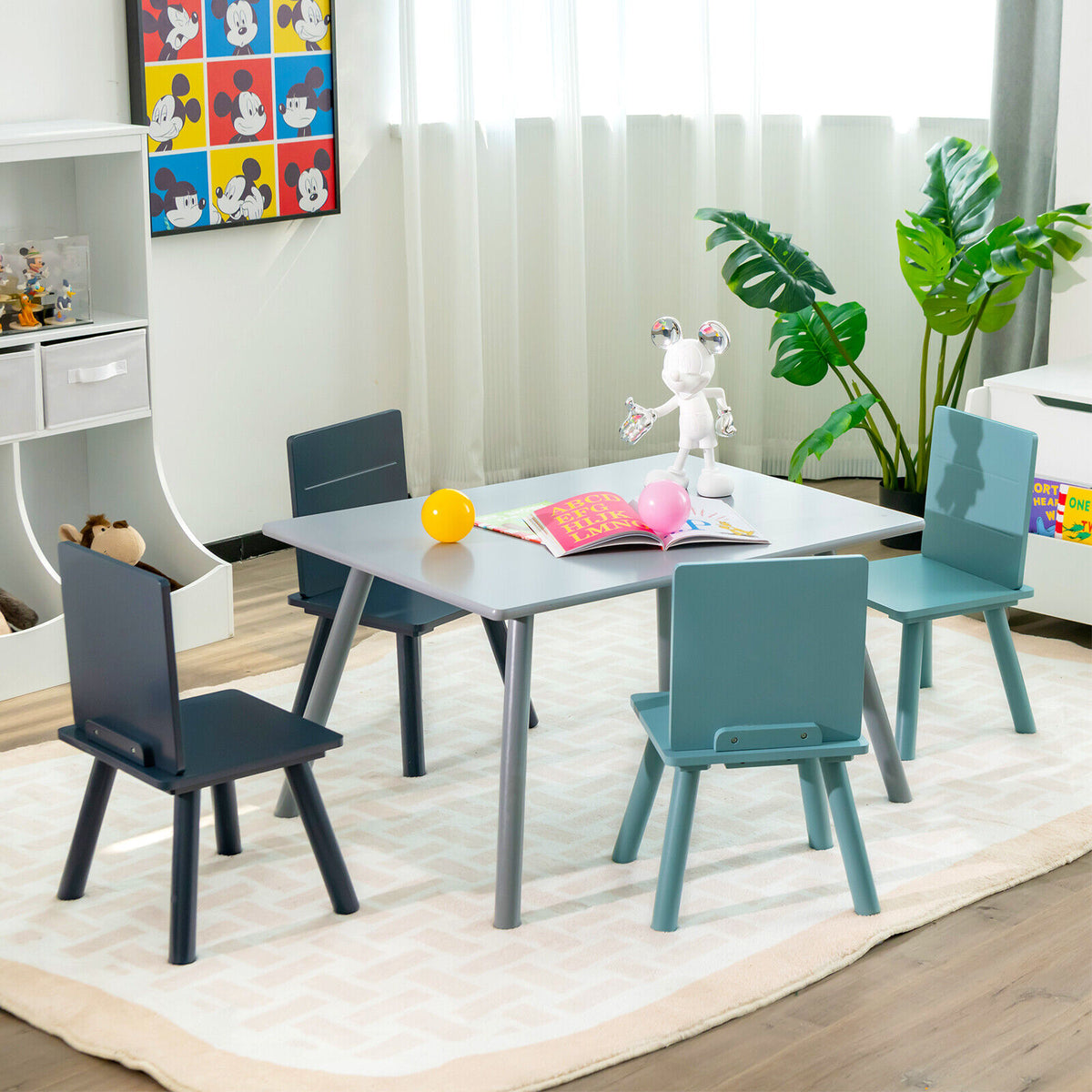 Kids Wooden Activity Play Furniture Set with Building Blocks - Blue, 5 Pieces