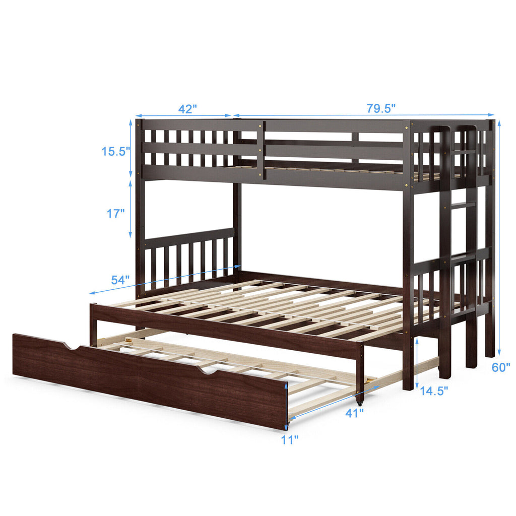 Twin Bunk Bed with Trundle & Wooden Ladder - Dark Brown