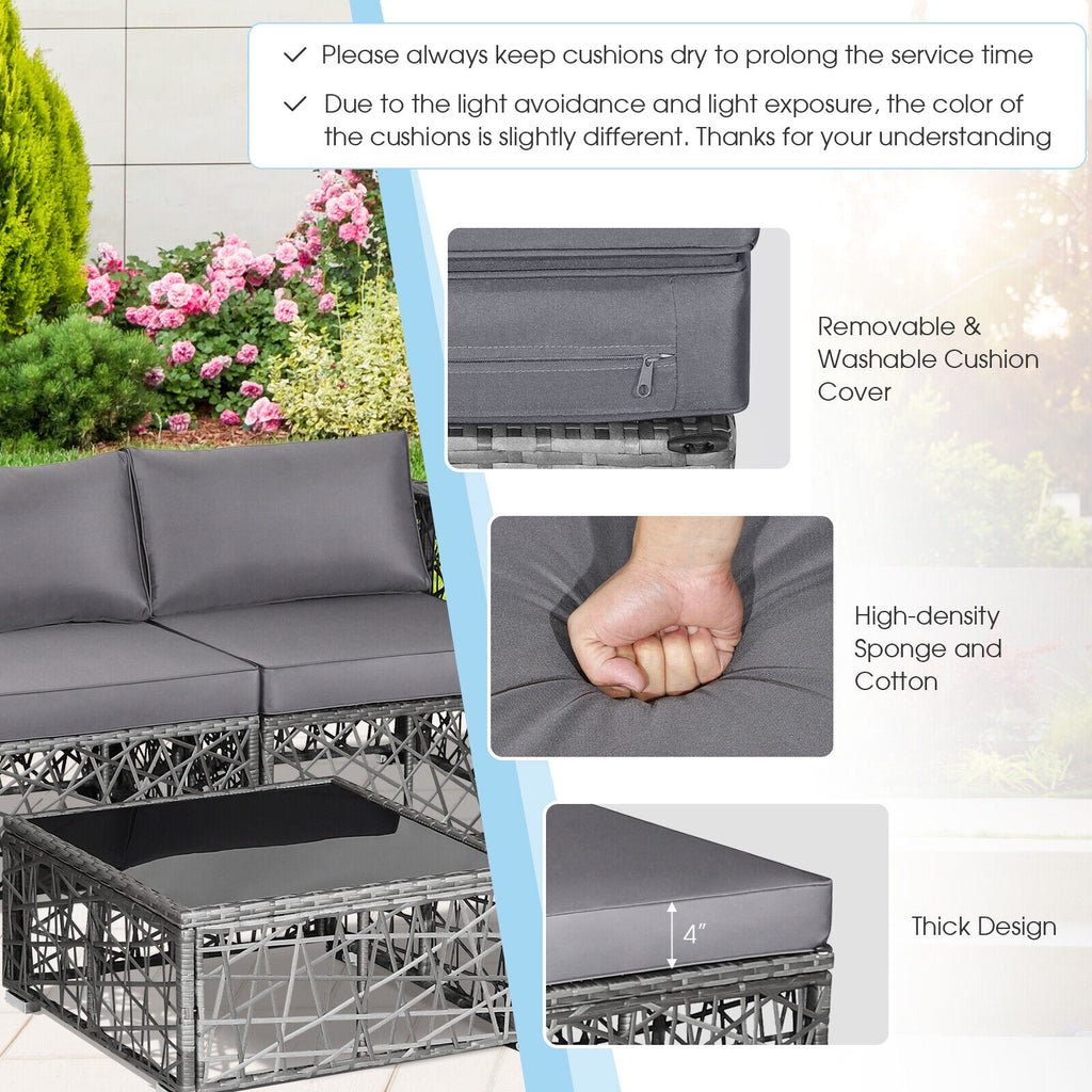 5-Piece PE Rattan Patio Sectional Sofa Set - Gray