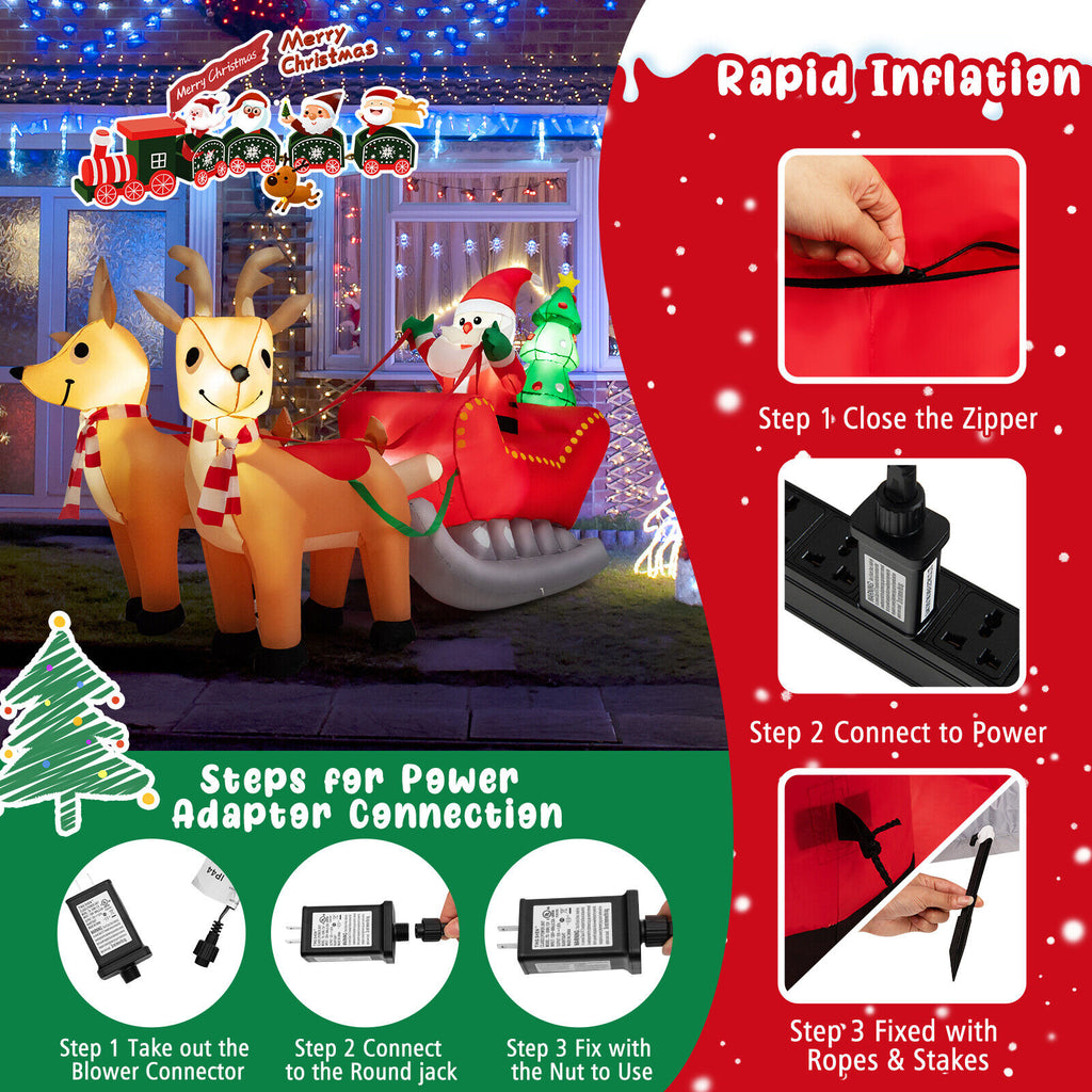 Inflatable Santa on Reindeer Sleigh with LED Lights - 7.2 Feet Christmas Yard Decor - Reindeer Pulling Style