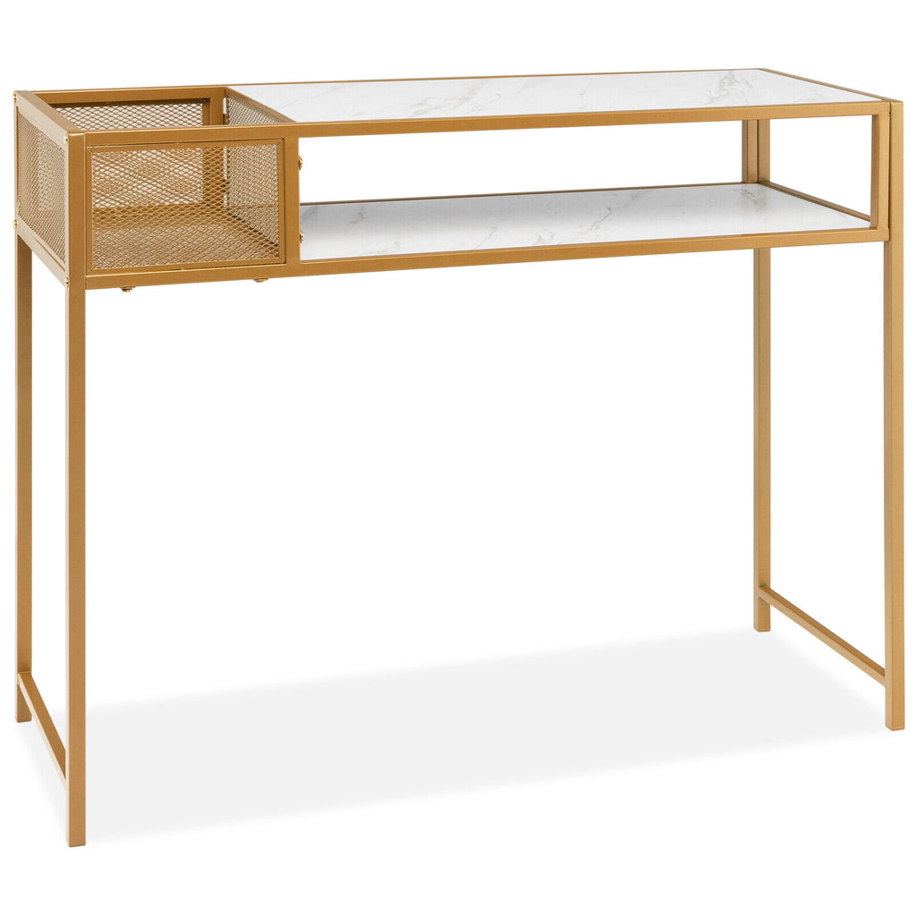 Faux Marble Console Table with Wire Basket for Entryway