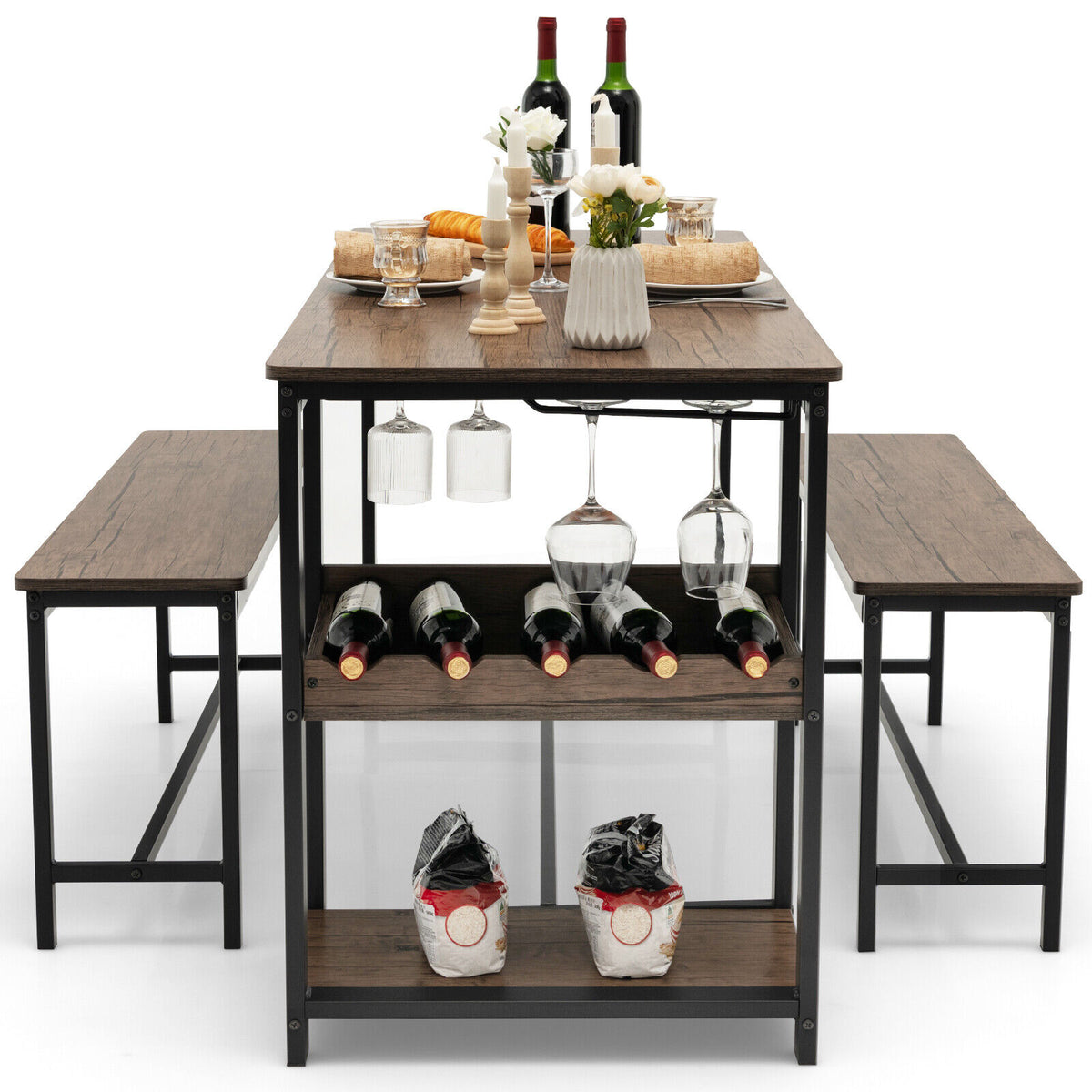 3-Piece Dining Table Set with Wine Rack - Brown