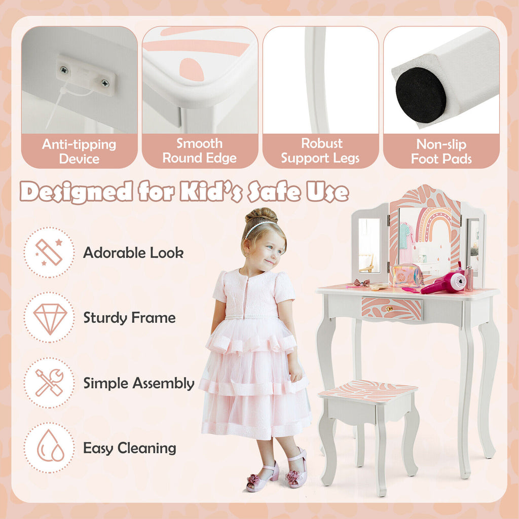 Kids Vanity Table Set with Tri-Fold Mirror - Pink, 2-in-1 Dressing & Writing Desk