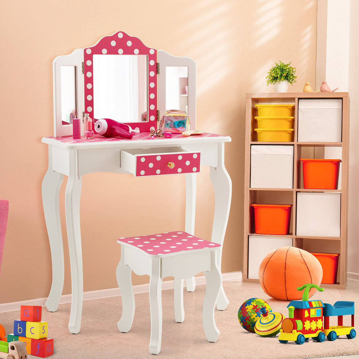 Kids Vanity Table and Stool Set with Polka Dot Print - Pink Variation