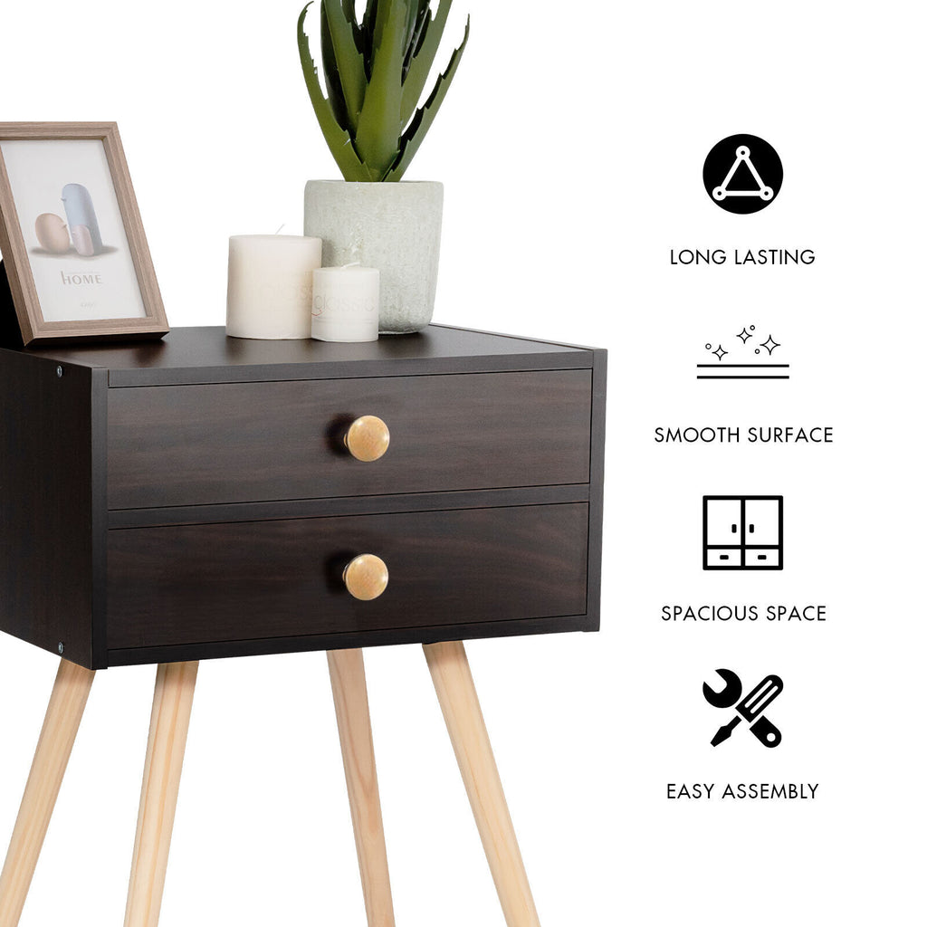 Midcentury Modern Bedside Table with 2 Drawers, Brown