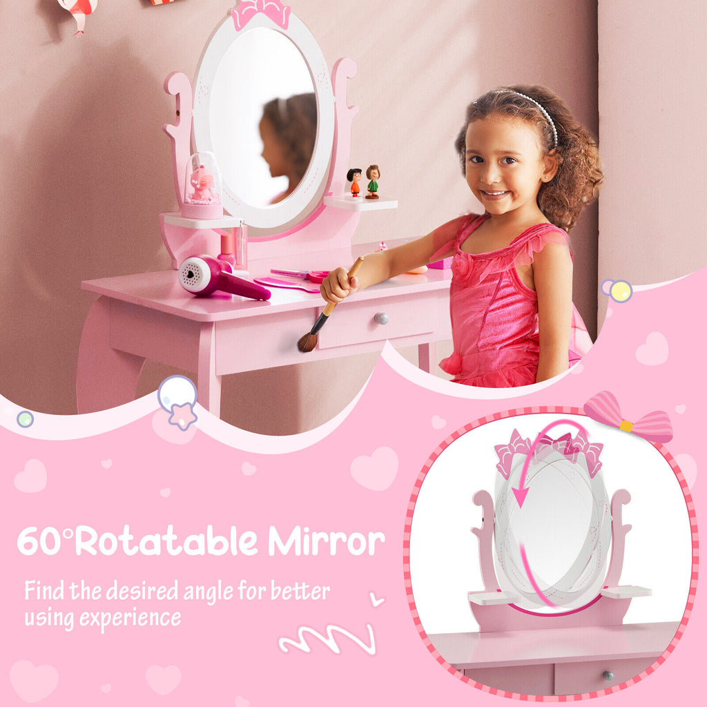 Kids Vanity Table Stool Set with Pink Storage Drawer & Rotatable Mirror - Costway