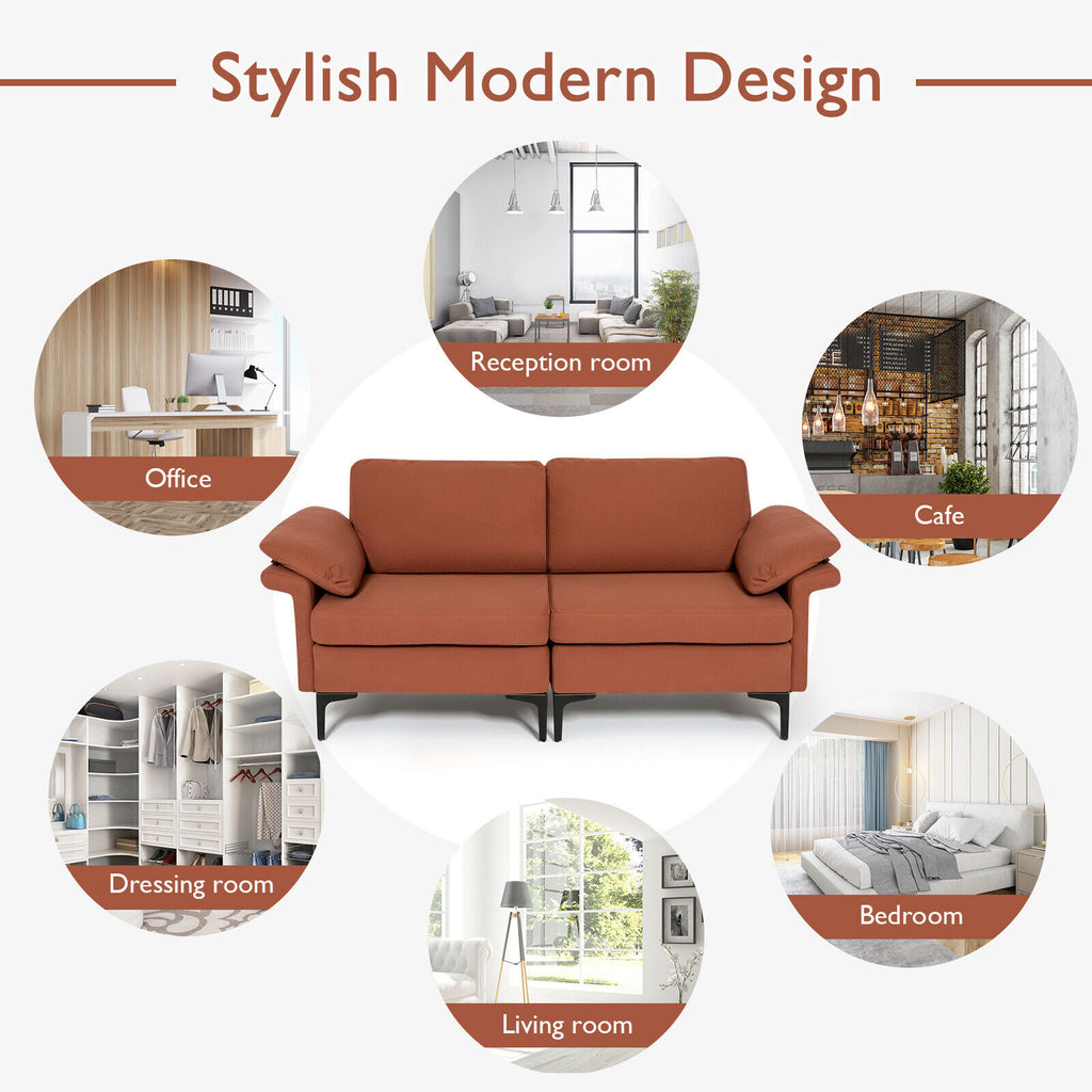 Rust Red Loveseat Sofa with Metal Legs & Armrest Pillows