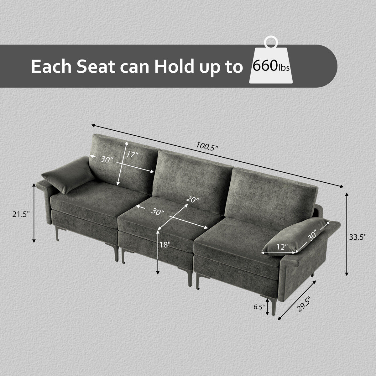 3-Seat Sofa Sectional with Metal Legs, Gray