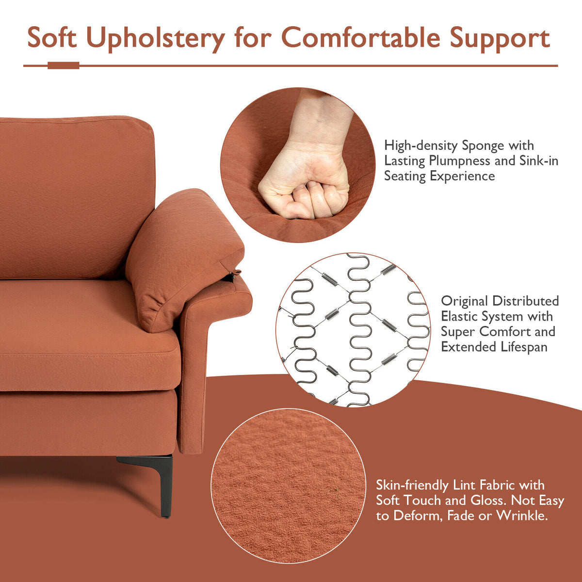 3-Seat L-Shaped Sectional Sofa with Reversible Chaise, Rust Red