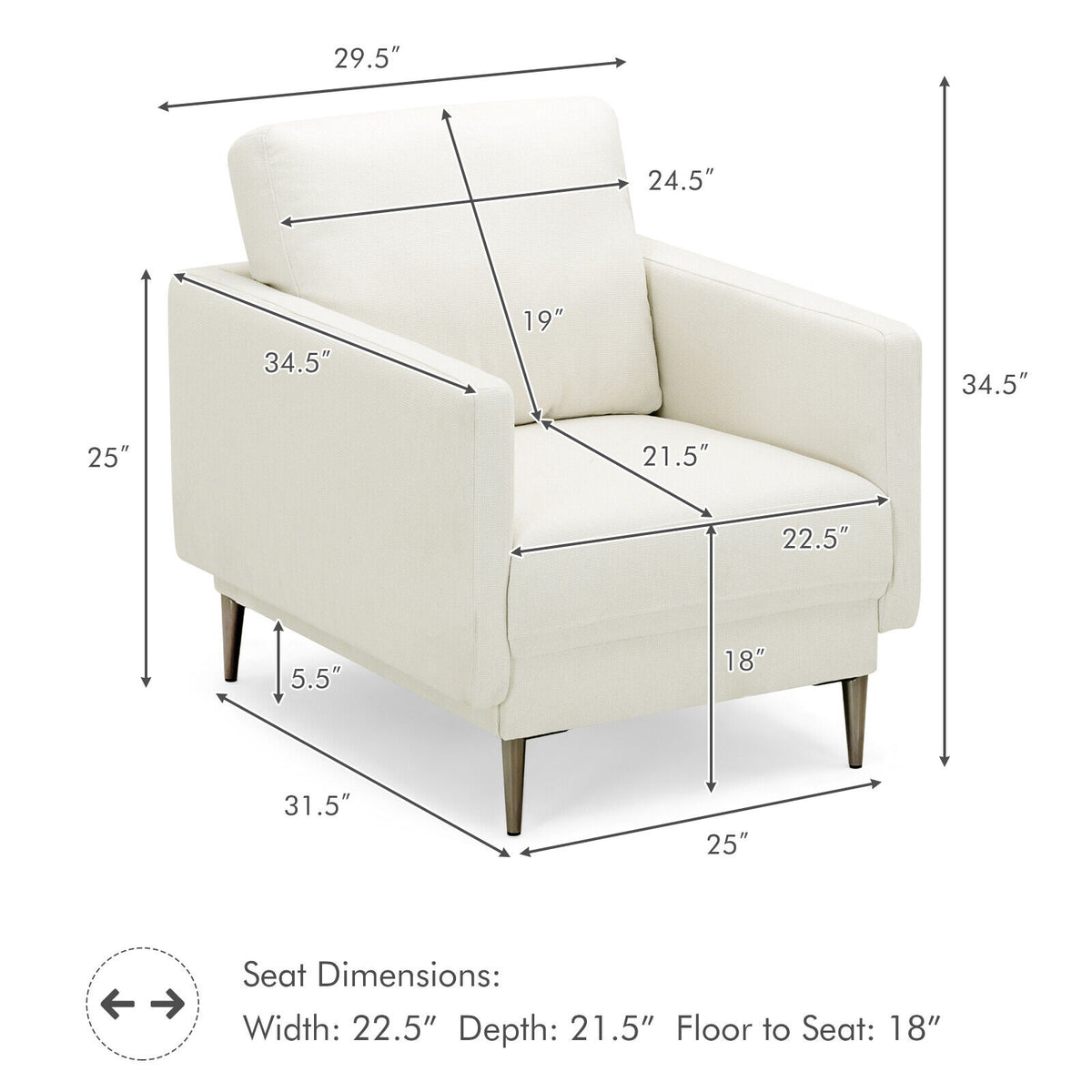 Modern Upholstered Accent Chair with Removable Cushion - White
