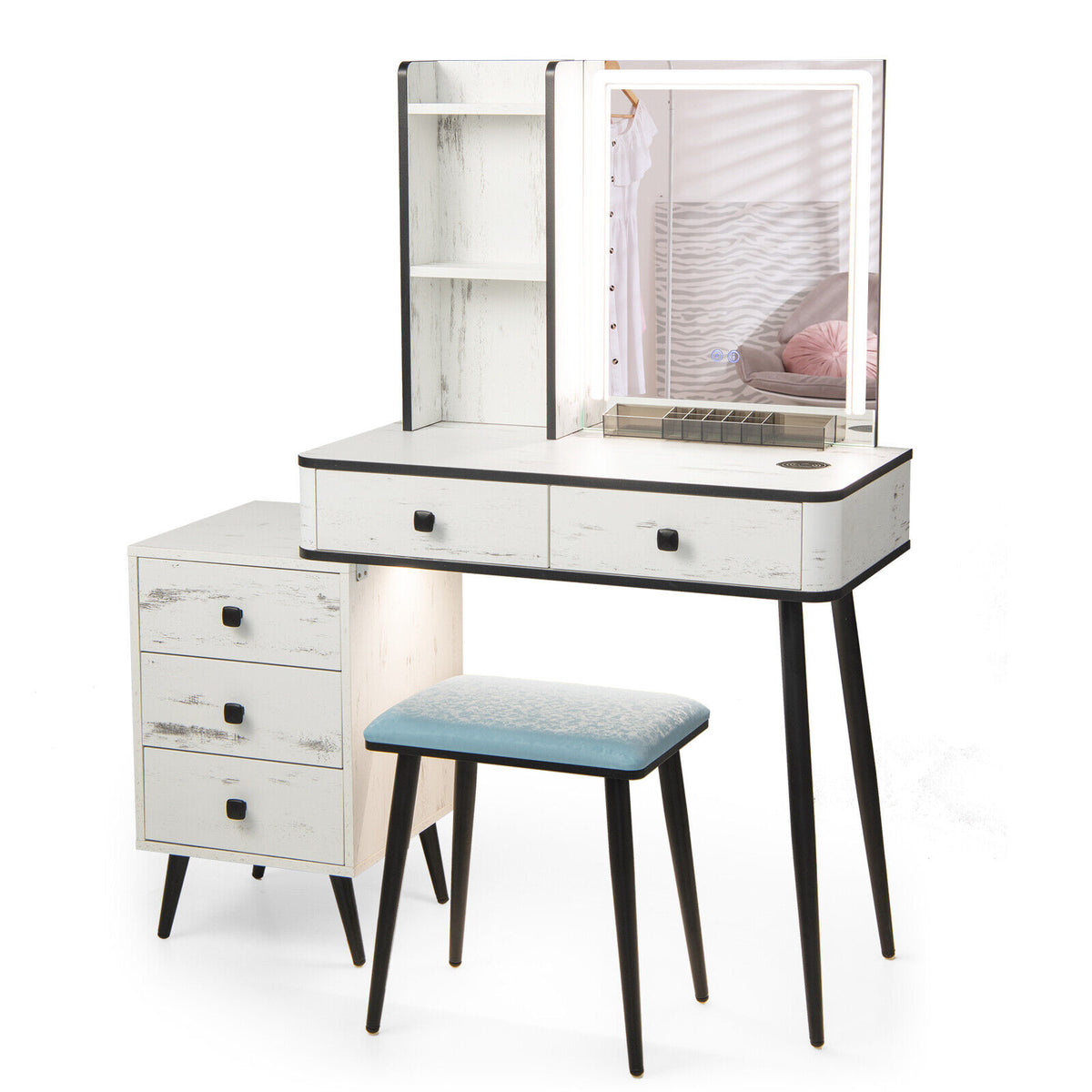 Makeup Vanity Table with Lighted Mirror, White