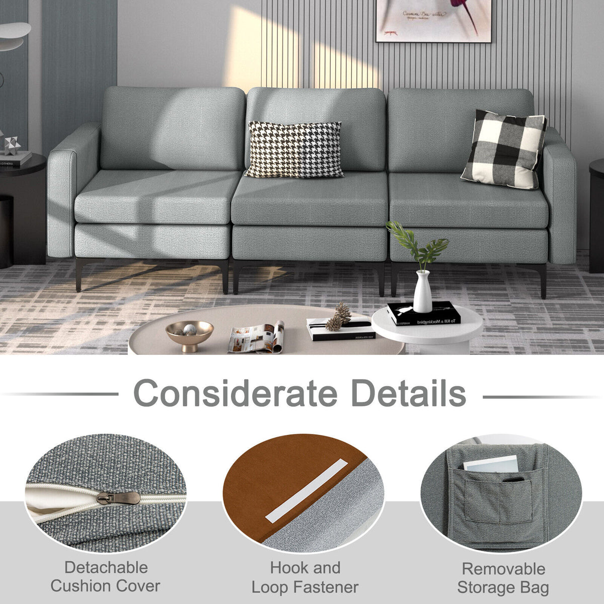 3-Seat Convertible Sofa with USB Ports & Magazine Pockets - Dark Gray