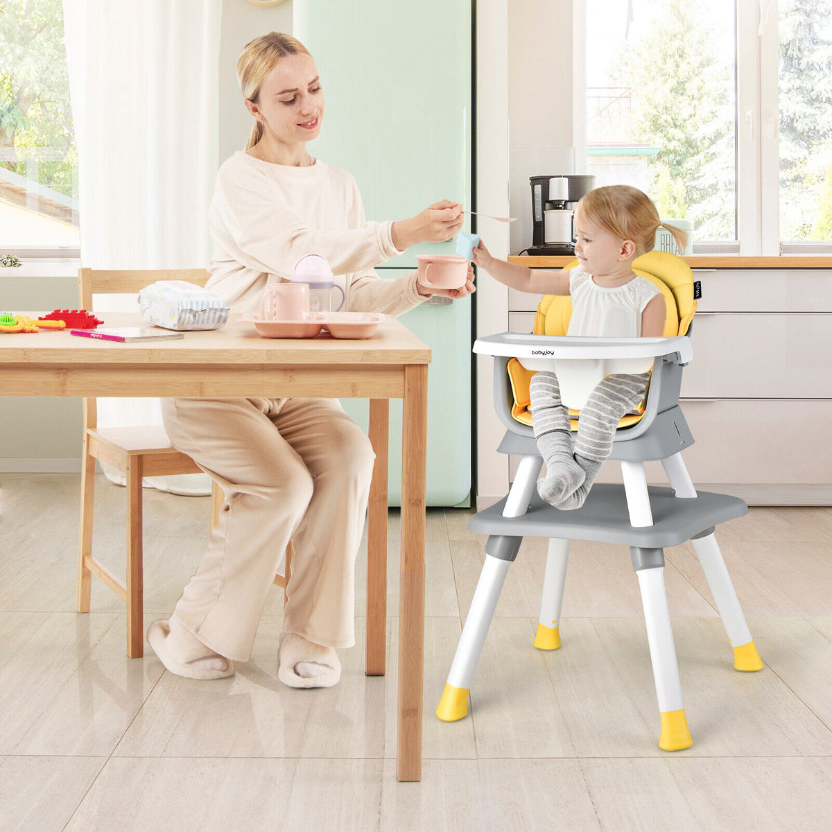 Yellow 8-in-1 Convertible Baby High Chair with Removable Tray & Adjustable Height