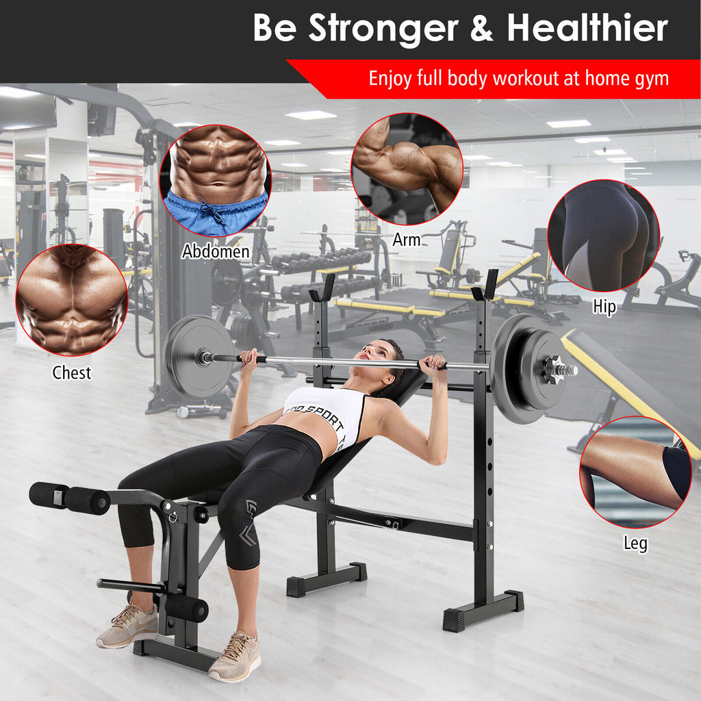 Adjustable Weight Bench and Barbell Rack Set with Weight Plate Post - Home Gym Equipment
