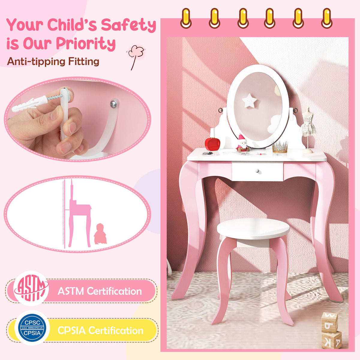 Kids Vanity Set with Rotatable Mirror & Play Accessories - Elliptical Style