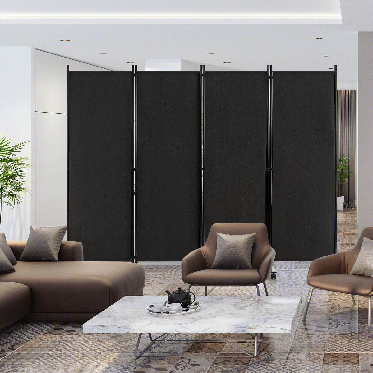 4-Panel Folding Room Divider Privacy Screen with Lockable Wheels - Black, 4 Panels & Wheels