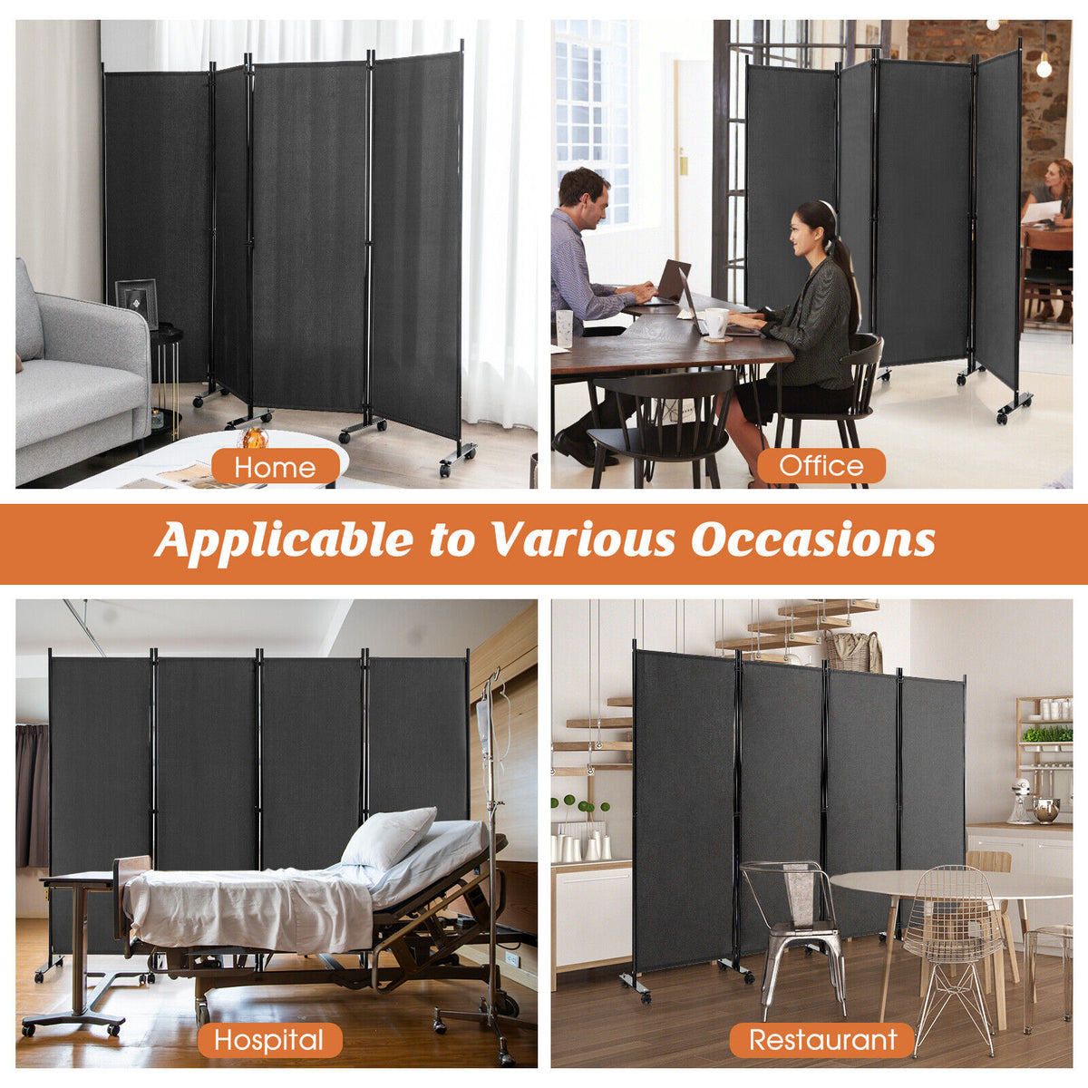 4-Panel Folding Room Divider Privacy Screen with Lockable Wheels - Gray, Includes Variation
