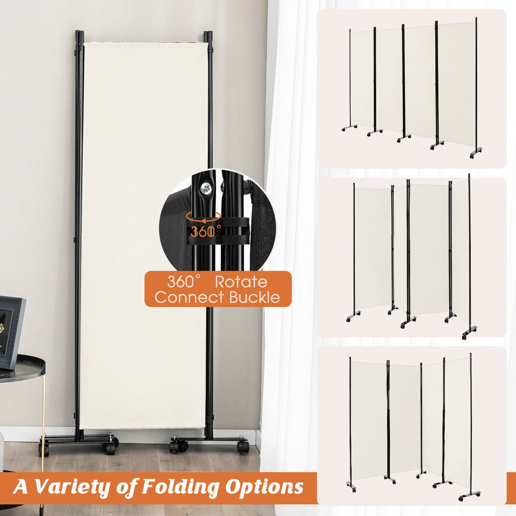 4-Panel Folding Room Divider Privacy Screen with Lockable Wheels – White, 4 Panels & Wheels