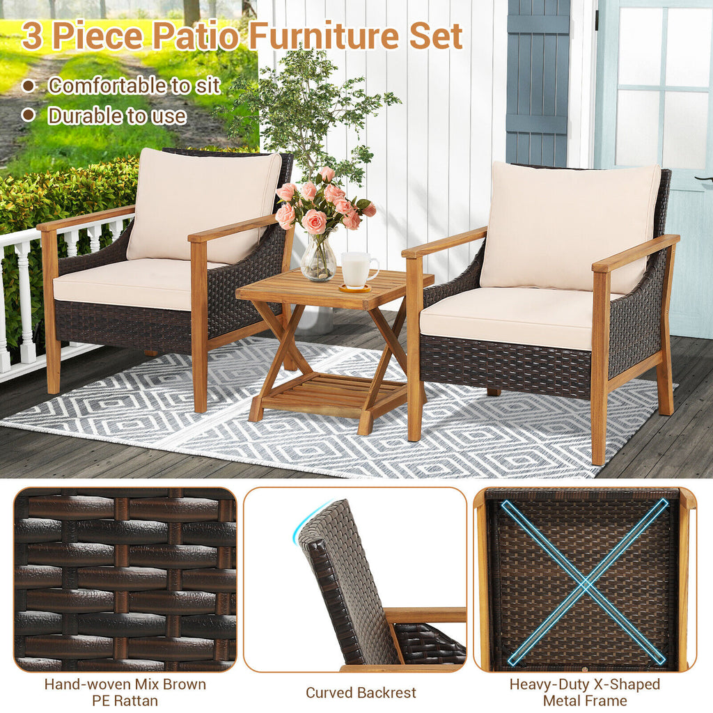 3 Pieces Patio Wicker Furniture Set with 2-Tier Side Table and