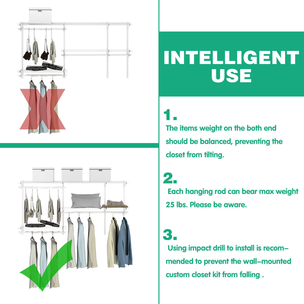 Closet Organizer System 3-5 Feet Wall-Mounted with Hang Rod, White