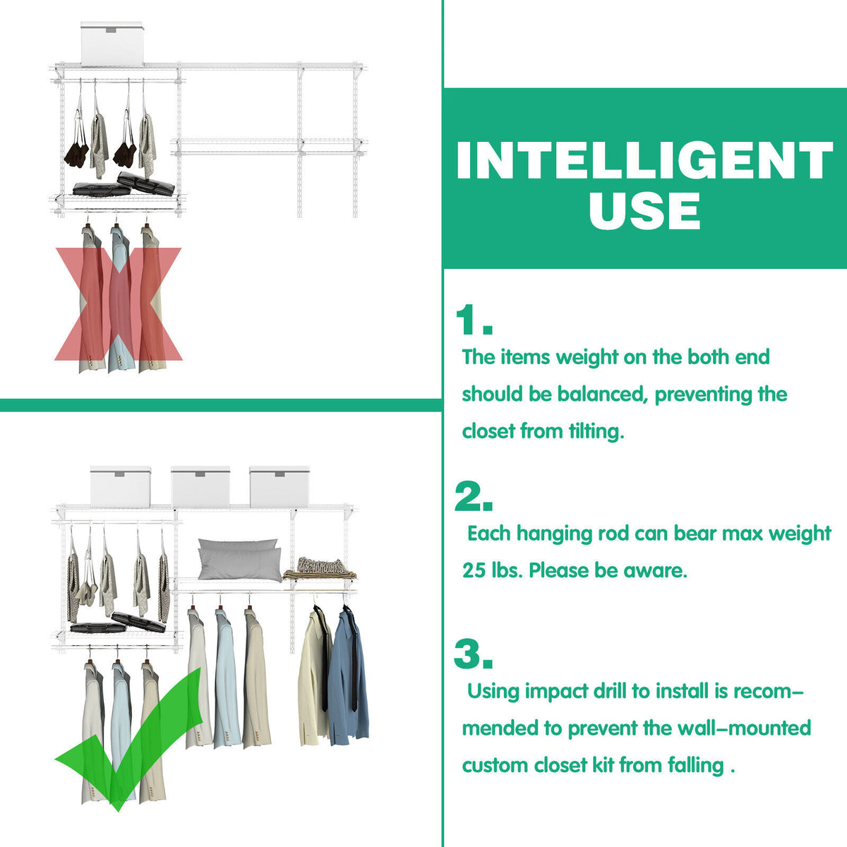 Closet Organizer System 3-5 Feet Wall-Mounted with Hang Rod, White