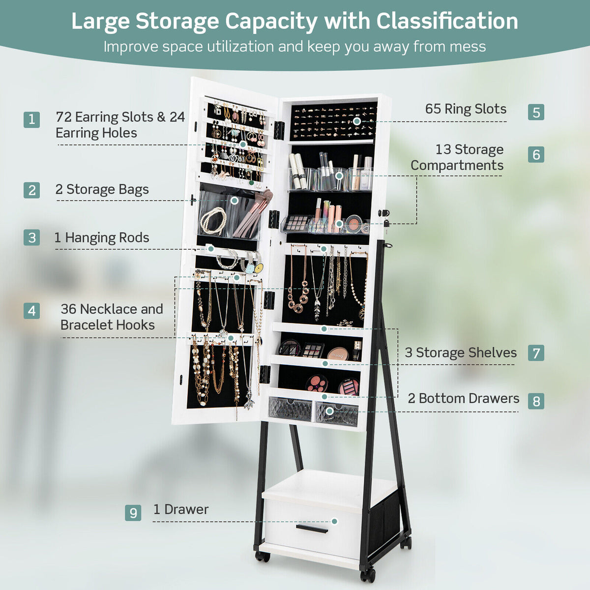 Jewelry Cabinet with Full-Length Mirror - White