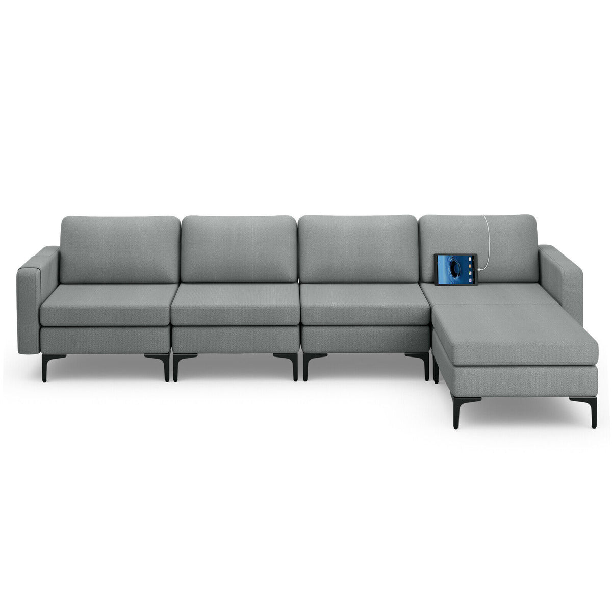L-Shaped Sectional Sofa with Reversible Ottoman and USB Ports - Gray
