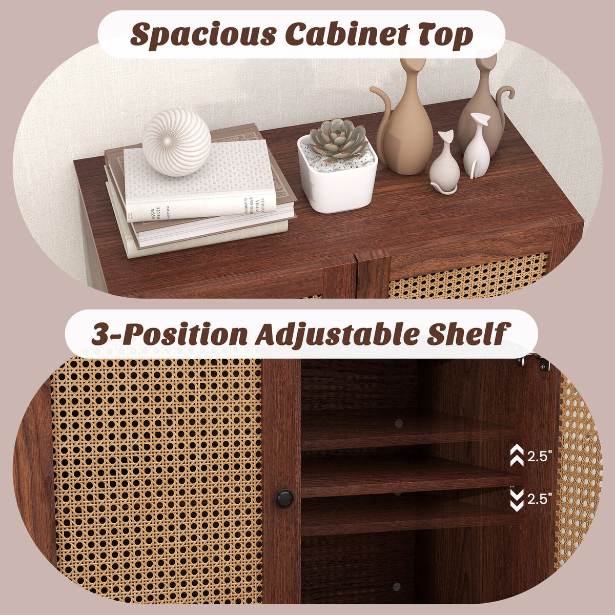 Rattan Storage Sideboard with Adjustable Shelf - Walnut