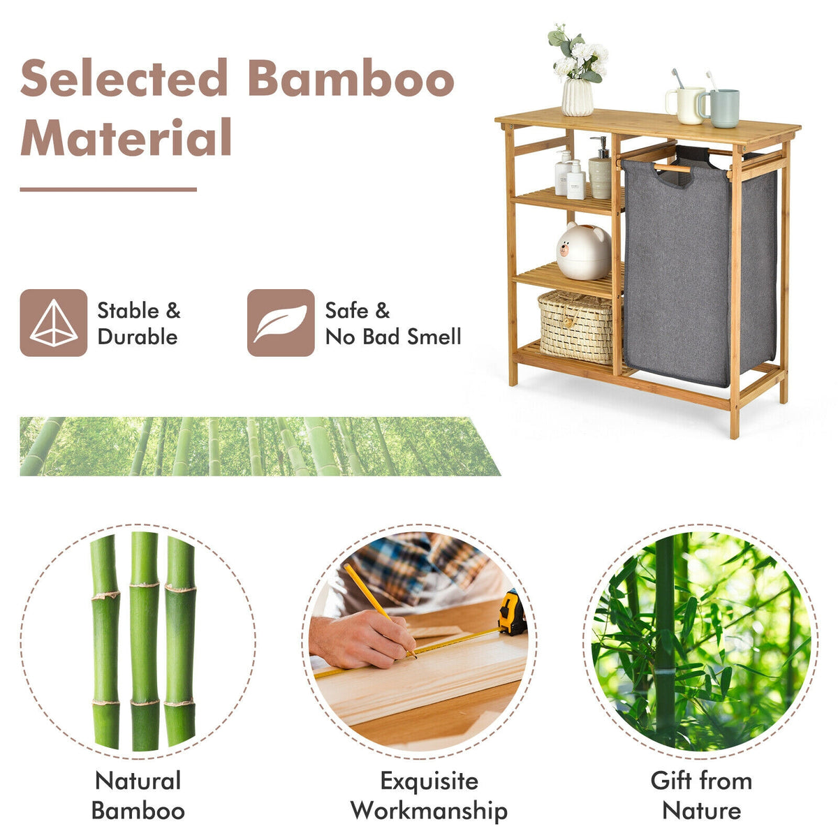 Bamboo Laundry Hamper Stand with Removable Sliding Bag and 3-Tier