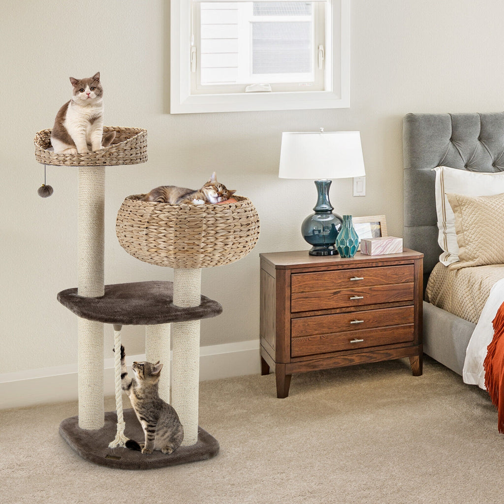 41 Inch Rattan Cat Tree with Napping Perch - Brown