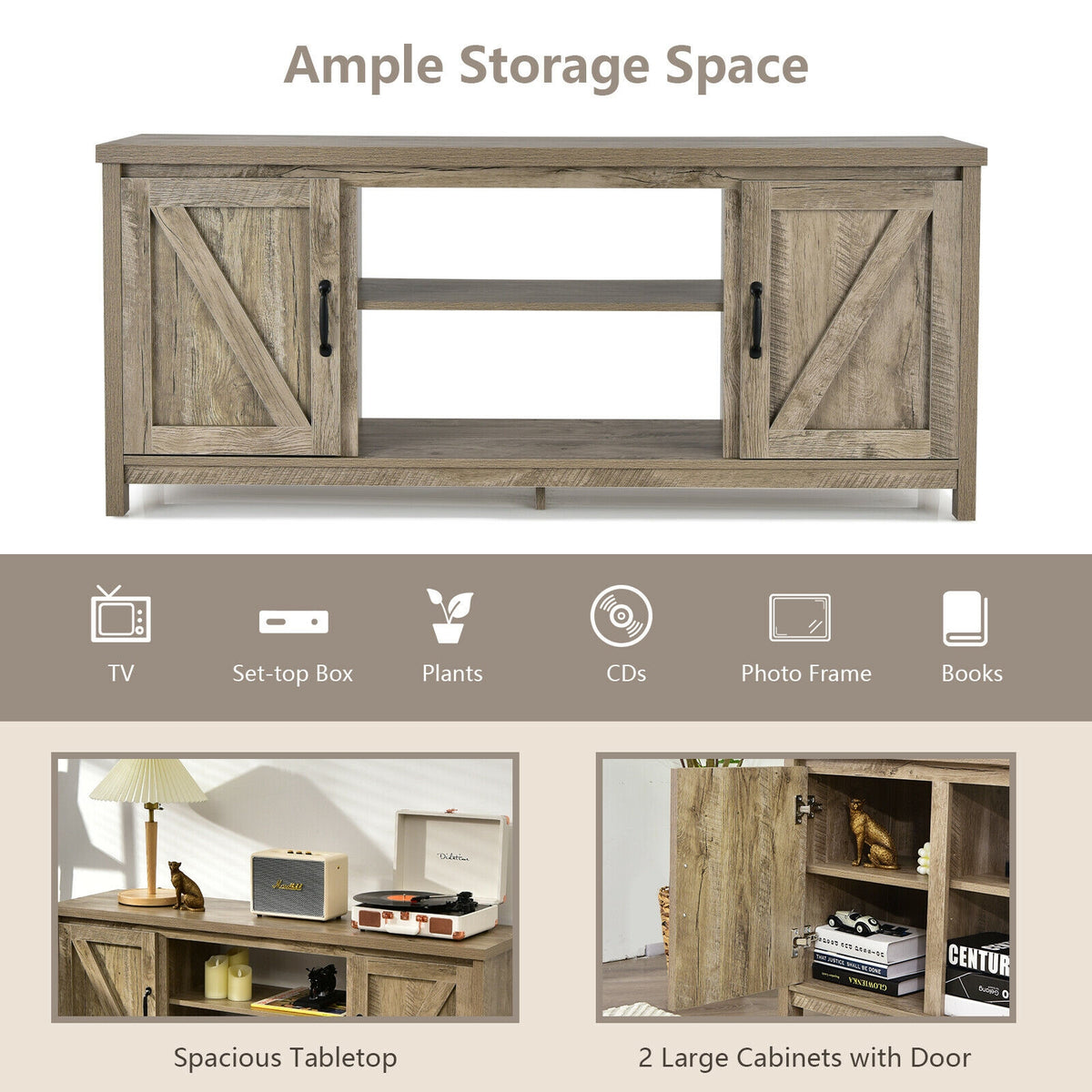 59 Inch Barn Door TV Console Table with Storage - Natural