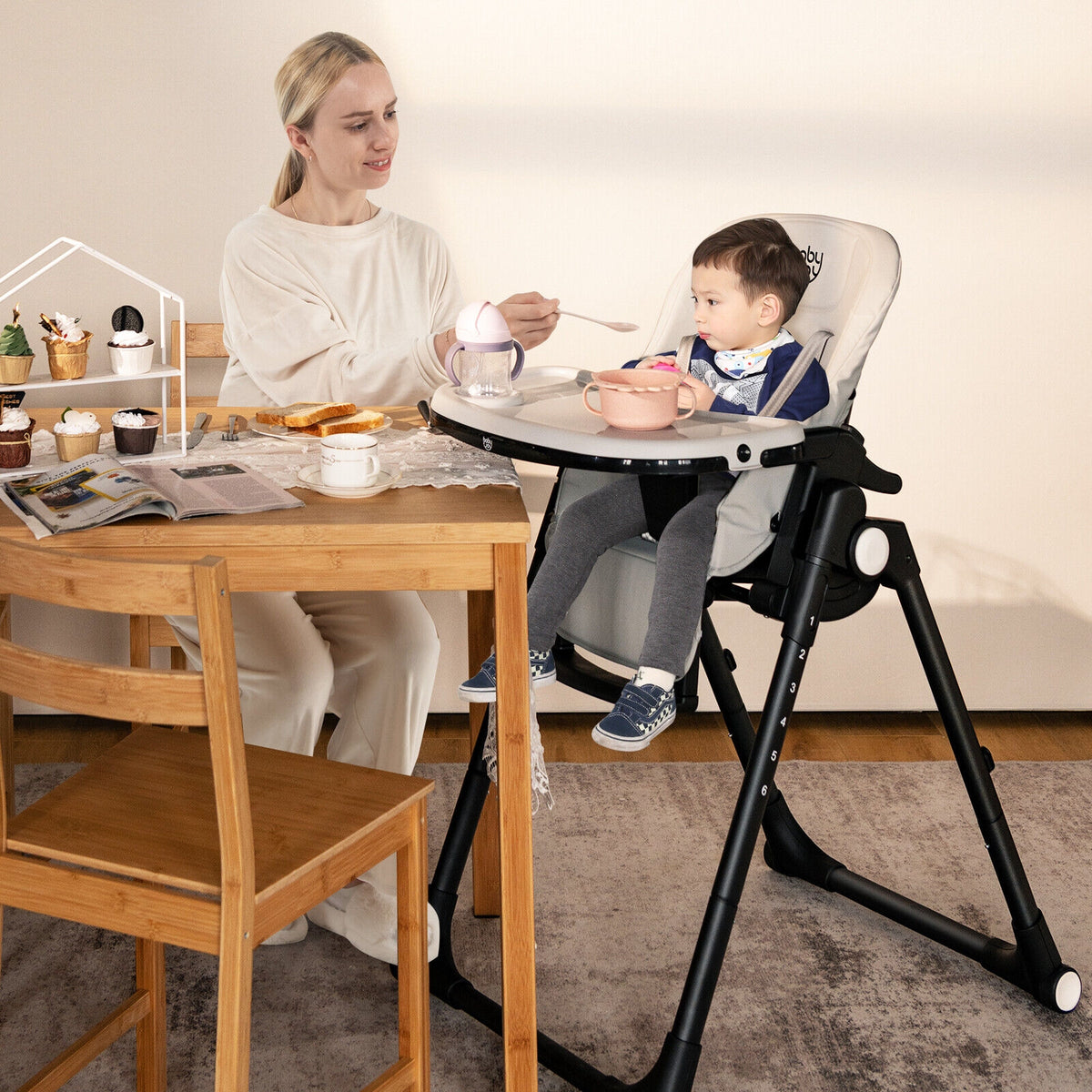 Folding Baby High Chair with 6 Adjustable Heights - Gray, 4-in-1