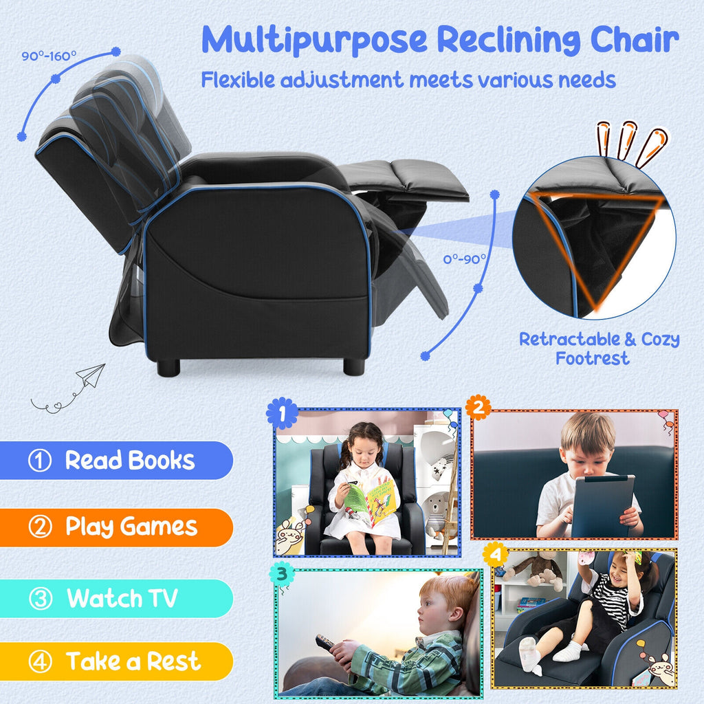 Kids Recliner Chair with Side Pockets & Footrest - Style G, Blue