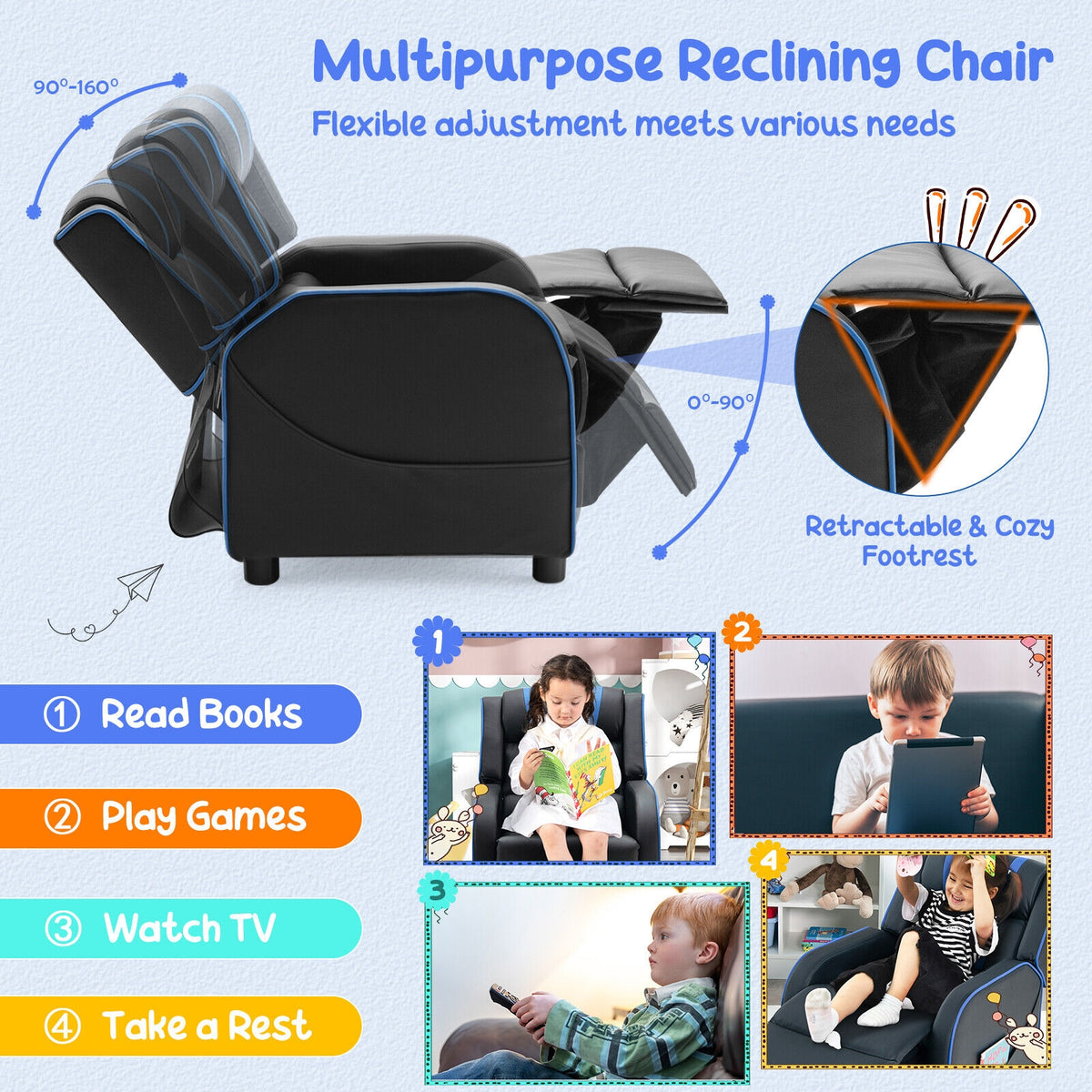 Kids Recliner Chair with Side Pockets & Footrest - Style G, Blue