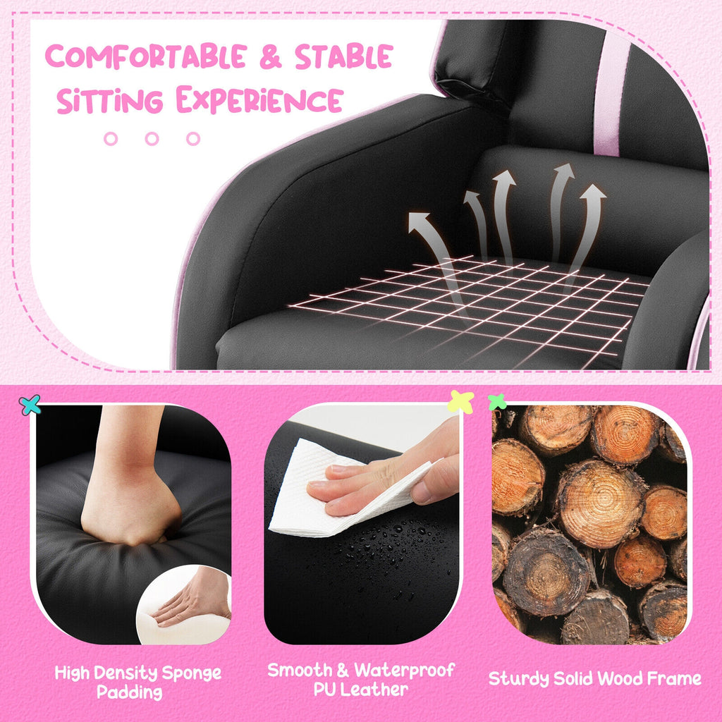 Kids Recliner Chair with Side Pockets & Footrest - Style G Pink